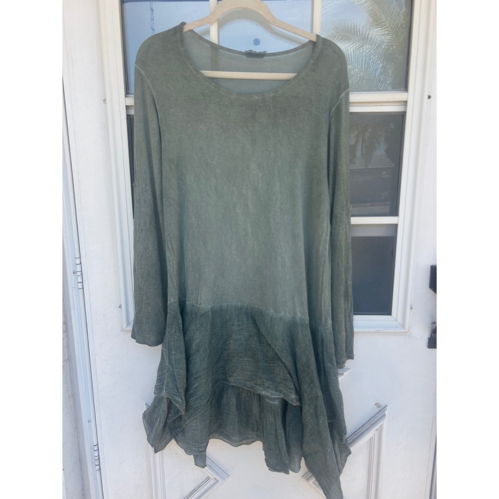 Made in Italy Sage Green Wool Blend Asymmetrical Lagenlook Boho Tunic Dress - Picture 7 of 8